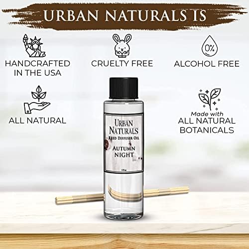 Urban Naturals Autumn Night Reed Diffuser Refill Oil with Free Set of Reed Sticks. Woodsy Fall Scent – Cinnamon, Nutmeg, Clove, Apple, Cedar & Sandalwood, 4 oz