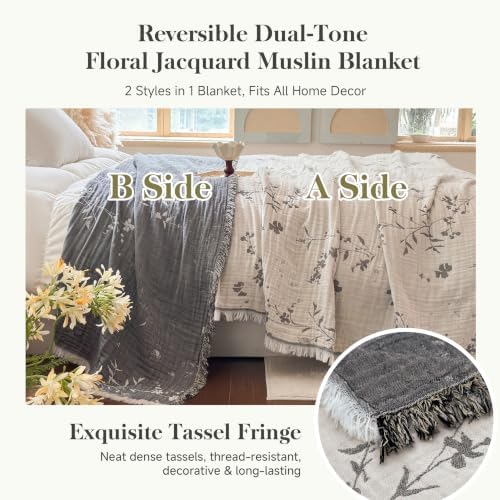 QKTE 100% Cotton Muslin Throw Blanket with Tassels, Lightweight Breathable Reversible Cooling Floral Gauze Blanket for Couch Bed, All Season Decorative Bedspread (White Grey, 50" x 60")