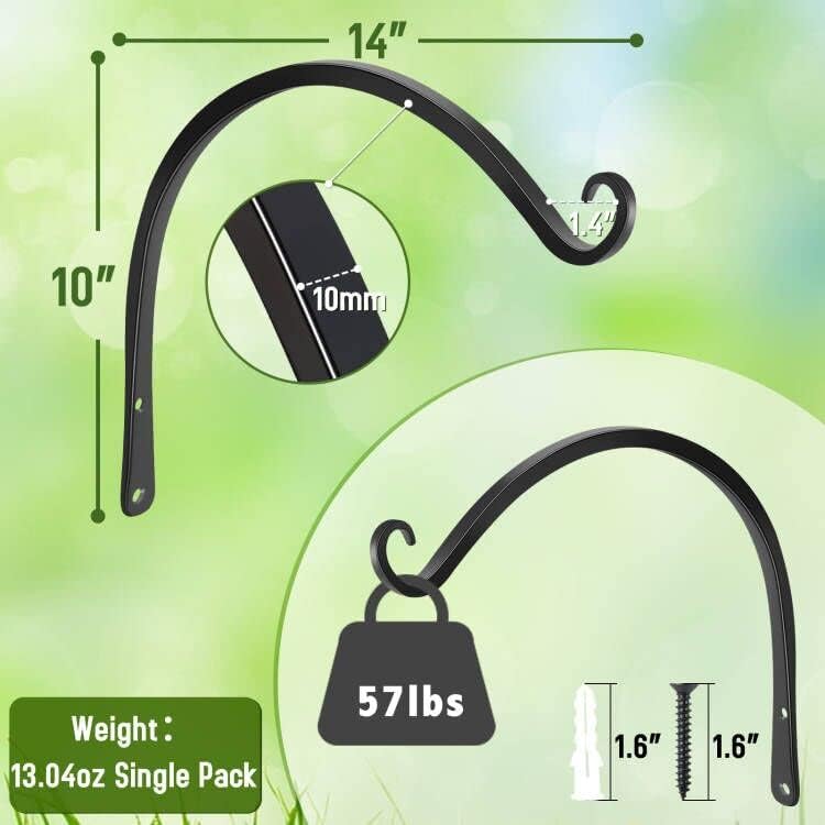 FEED GARDEN Heavy Duty Plant Hooks - 2 Pack 14 Inch Wall Mounted Hanging Brackets, 57lb Capacity Steel Plant Hangers for Bird Feeders, Baskets, Wind Chimes Outdoor Indoor- Black
