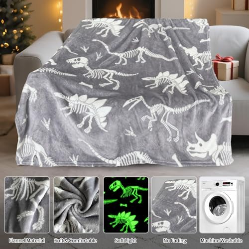 TEHALK Dinosaur Glow in The Dark Blanket for Boys/Girls/Toddler/Baby, Dinosaur Toys for Boy Age 3-12, Cute Funny Kids Throw Blanket for Birthday/Gifts 50"x 60"