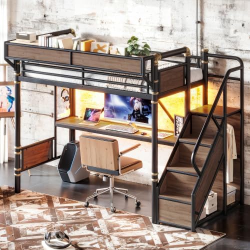 Bellemave Twin XL Metal Loft Bed with Stairs and Desk for Kids,Adult,Black