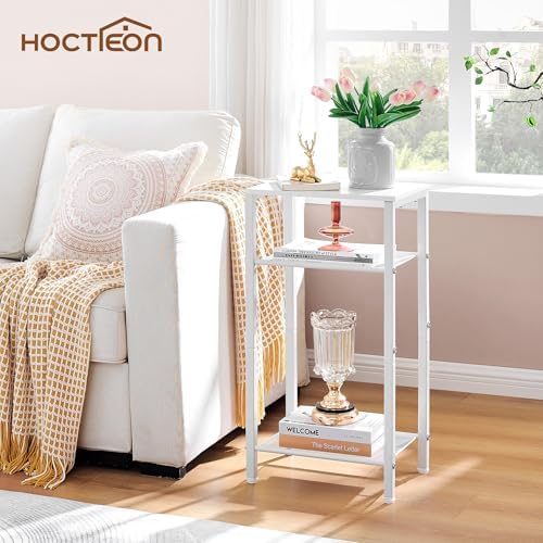 Hoctieon 3 Tier End Table, Telephone Table, Narrow Side Table with Storage, Nightstand for Small Spaces, Metal Frame, for Living Room, Bedroom, Sofa Couch, Hall, Easy Assembly, White