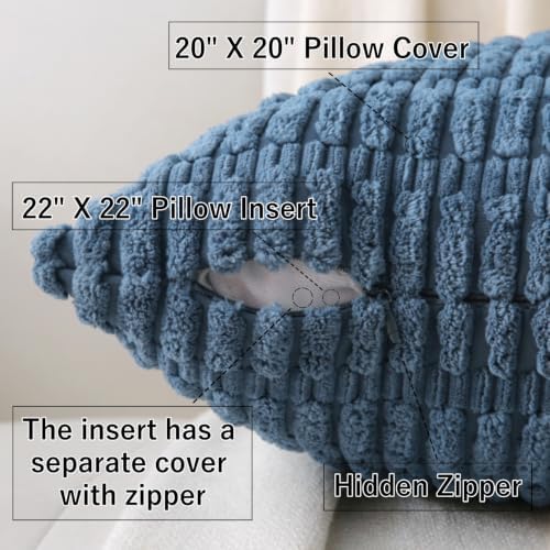 2 Pack Corduroy Decorative Throw Pillow with Inserts, 20x20 Inch Soft Boho Throw Pillow, Square Striped Throw Pillows for Couch, Bed, Sofa Decor (Blue)