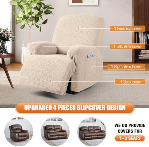 VANSOFY Oversized Stretch Recliner Chair Cover, Cream, 1 Seater