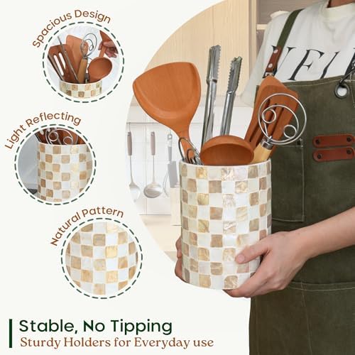 Chi An Home 7.4"+5.8" Capiz Ivory Checkered Cooking Utensil Holder Set 2