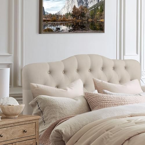 Rosevera Givanna Adjustable Height Headboard with Linen Upholstery and Button Tufting for Bedroom, King, Natural