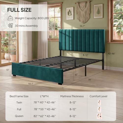Welzona Full Size Velvet Upholstered Bed Frame with Tufted Headboard, Green