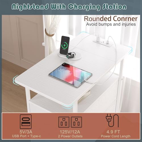 sthmec End Table with Charging Station, Narrow Side Table with 2 Drawers, LED Nightstands with Drawers, USB Ports & Power Oulets,Slim Sofa Side Tables for Small Spaces,Living Room,Bedroom,White