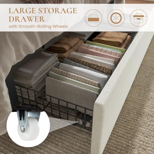 SHA CERLIN Full Size Bed Frame with Storage Drawer & LED Lights, Cream
