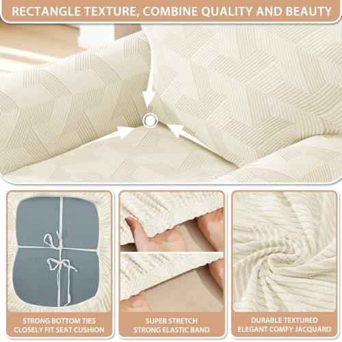 ZNSAYOTX 4 Piece Stretch X-Large Couch Covers (92"-112") New-Rectangle Texture, Thick Sofa Covers for 3 Cushion Oversized Couch Universal Sofa Slip Cover with Elastic Bottom & Buckle, Beige