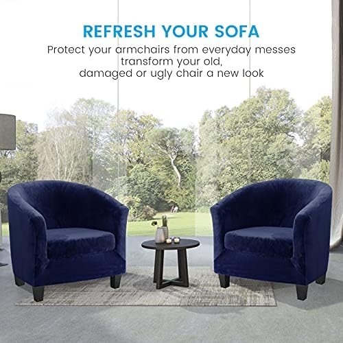 MIFXIN 2 Piece Velvet Tub Chair Covers with Cushion Cover Stretch Soft Removable Club Chair Slipcovers Armchair Sofa Couch Furniture Protector for Living Room Bar Counter Hotel (Dark Blue)