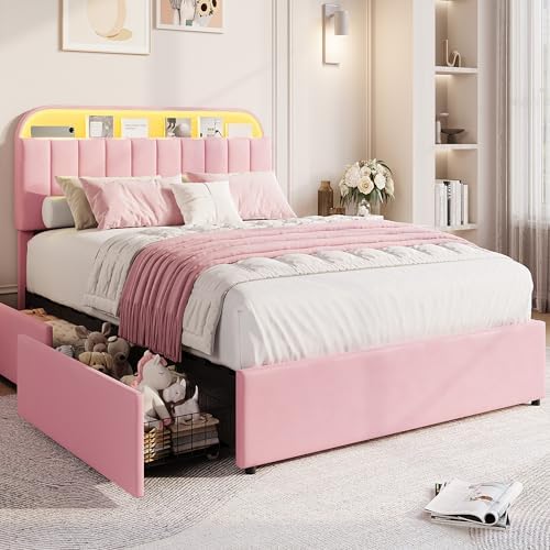 GarveeHome Queen Bed Frame, Platform Bed with Storage Headboard & Drawers