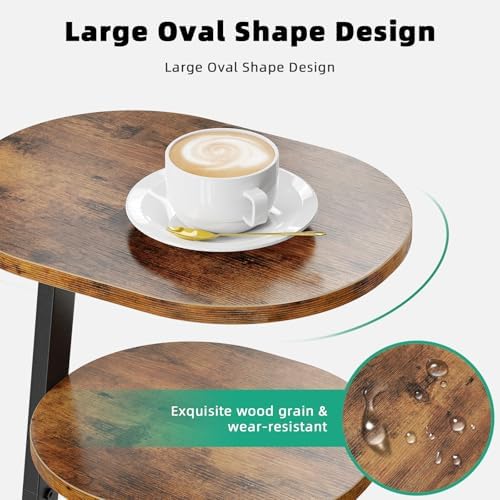 Kalrin Side Table, Small End Table with Metal Frame, 3-Tier Bedside Tables, Round Side Tables for Living Room Bedroom Couch Bathroom, Oval, Vintage Brown