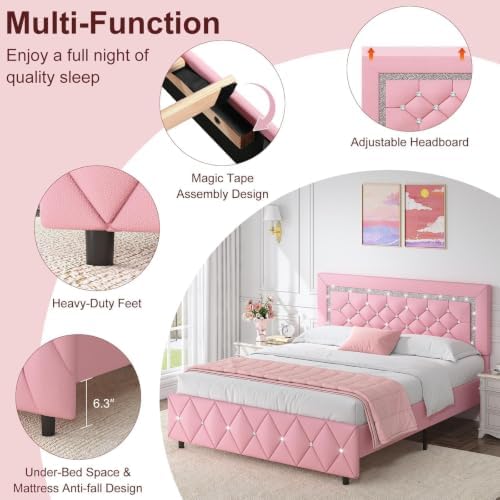 HOMBCK Twin Bed Frame with Headboard, Diamond Tufted Design, Pink