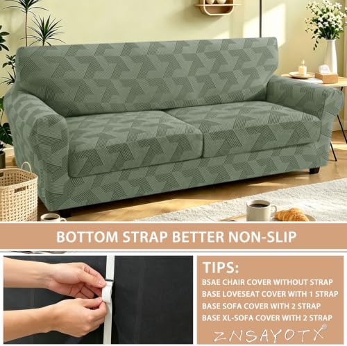 ZNSAYOTX 3 Piece Stretch Couch Covers (72"-90") New-Rectangle Texture, Thick Sofa Covers for 2 Cushion Couch Universal Sofa Slip Cover with Elastic Bottom & Buckle, Washable Protector Army Green