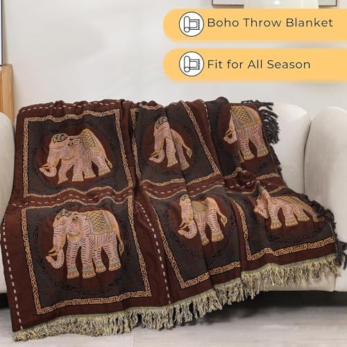 Elephant Pattern Cotton Boho Throw Blanket for Bed with Tassels 90"×98"