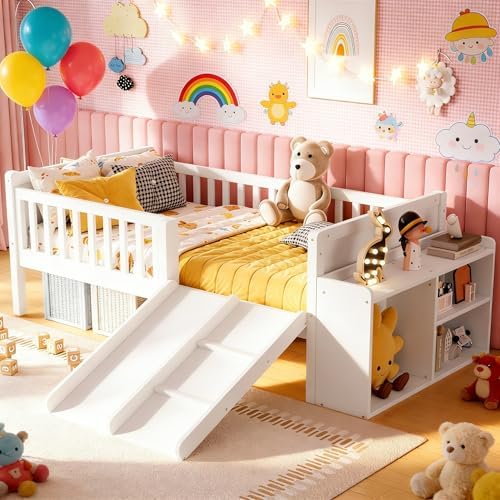 SOFTSEA Twin Size Kids Low Loft Bed with Slide, Wood Loft Bed Frame with Storage Shelves and Guardrails for Boys Girls, White