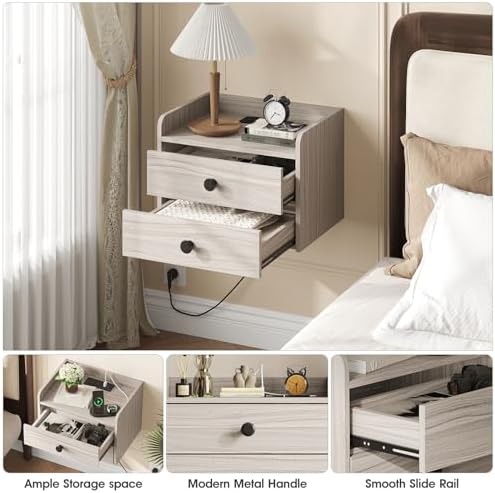 Floating Nightstand Set of 2 with 2 Storage Drawers and Charging Station