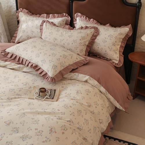 Twin Size Flower Print Duvet Covers with Pale Pink Ruffles Soft Vintage 100% Cotton Comforter Cover Set for Girls Kids,3 Pieces,Includes 1 Duvet Cover& 2 Pillowcases