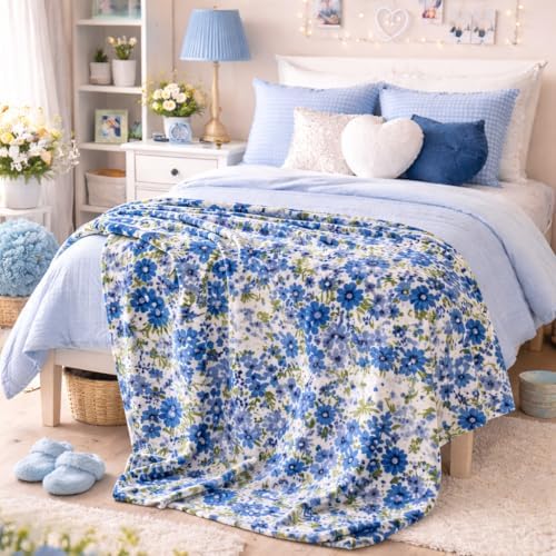 Soft Fleece Throw Blanket, Bohemian Boho Elegant Floral Blue Green, 50x70