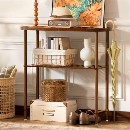 Small Entryway Table Bamboo 30.7", Narrow Hallway Table 2-tier, Slim Console Table with Anti-fall Edge, Sofa Side Table 5min Easy Assembly, Small TV Stand for Bedroom, Indoor Plant Stand, Dark Walnut