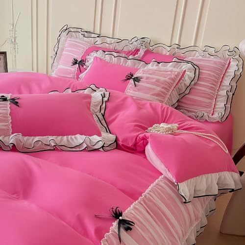 IHOUSTRIY Duvet Cover Twin Size, Ruffle Beddding Set with Bowtie, 2 Pieces Comforter Cover Set with Zipper Closure, Girl Bedding with Pillowcase - Pink, Twin