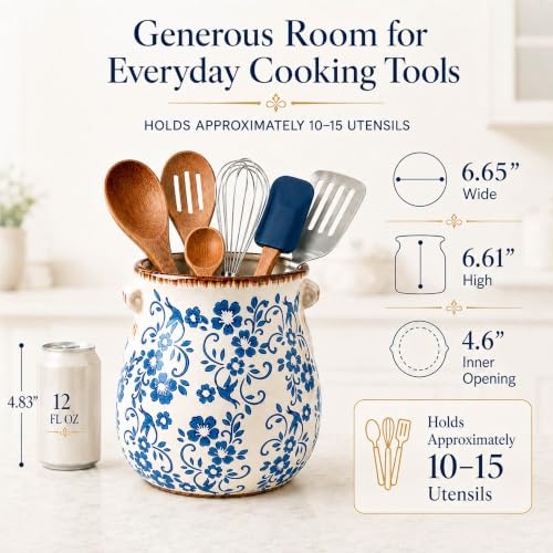 Ceramic Utensil Holder for Countertop, Blue and White Vintage Utensil Crock