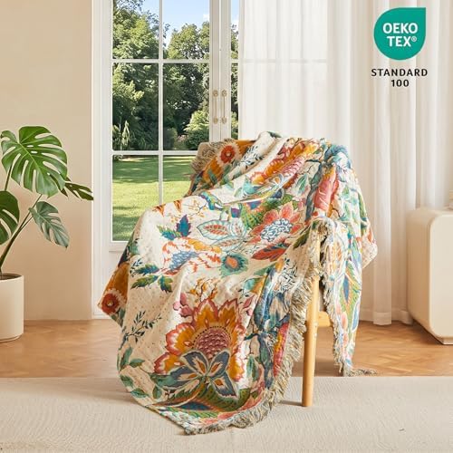 MSGKV Boho Throw Blanket 50"x60" 100% Cotton Vine Blanket for Couch Bed