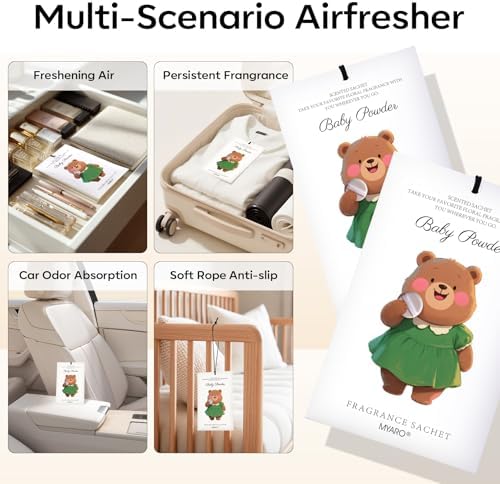 MYARO 12 Pack Baby Powder Scented Sachets, Closet Deodorizer Car Freshener