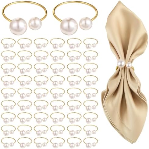 Set of 80 Pearl Napkin Rings, Gold Napkin Ring Holders with Faux Pearls