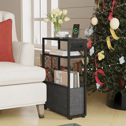 Leomonio Narrow Side Table, Slim Night Stand with Magazine Rack
