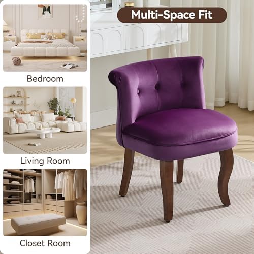 WUTUTUEE Velvet Vanity Chair with Solid Wood Legs, Tufted Upholstered Vanity Stool with Back, Mid Century Small Makeup Accent Chair for Bedroom, Living Room, Purple