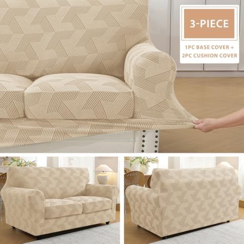 ZNSAYOTX 3 Piece Stretch Loveseat Covers (55"-71") New-Rectangle Texture, Thick Sofa Covers for 2 Cushion Couch Universal Sofa Slip Cover with Elastic Bottom & Buckle, Soft Protector Khaki