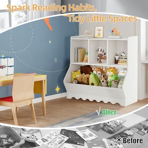Wood Kid Storage Cubby, Toy Storage Organizer with Bookshelf, 32" L x 15" D x 31" H Montessori Toy Shelf, Nursery Book Shelves, Wooden 4-Cubby Children Book Shelf for Playroom Classroom