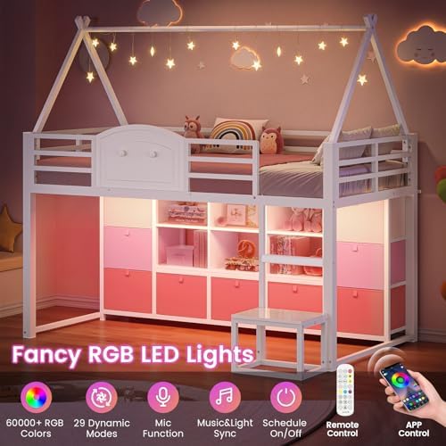 Low Loft Bed Twin Size with 9 Storage Drawers, Bookcase and LED Lights, House-Shaped Metal Twin Loft Bed with Step Stool and Safety Guardrail, Kids Loft Bed with Under-Bed Play Space, White