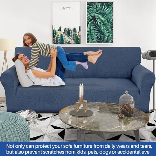 YEMYHOM Couch Cover Latest Jacquard Design High Stretch Sofa Covers for 3 Cushion Couch, Pet Dog Cat Proof Slipcover Non Slip Magic Elastic Furniture Protector (Large, Begonia Leaf Navy)