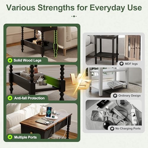 YOSHOOT Farmhouse End Table with Charging Station, Narrow Side Table