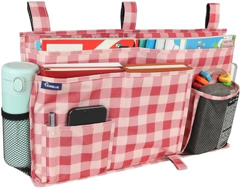 Surblue Bedside Caddy Hanging Bed Organizer Storage Bag Pocket for Bunk and Hospital Beds, College Dorm Rooms Baby Bed Rails, Camp 8 Pockets, (Large, Red Plaid)