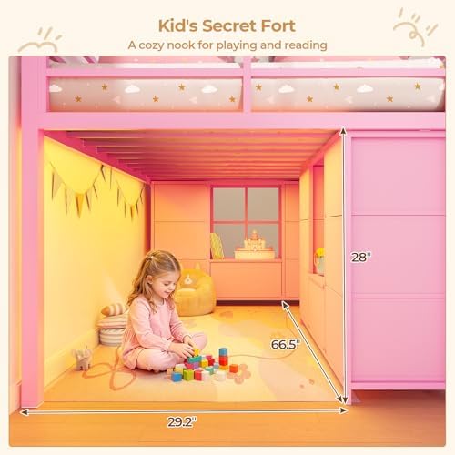 Low Loft Bed Twin Size with 14 Storage Drawers & 2 Shelves, Pink