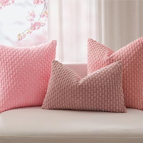 Kevin Textile Soft Corduroy 18x18 Inch Pillow Covers 2 Pack, Pink