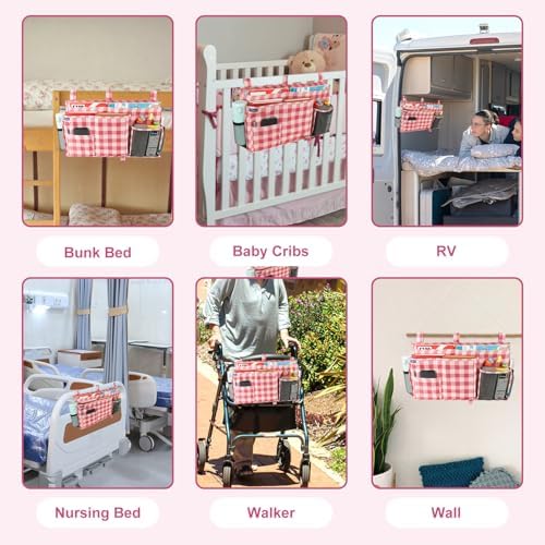 Surblue Bedside Caddy Hanging Bed Organizer Storage Bag Pocket for Bunk and Hospital Beds, College Dorm Rooms Baby Bed Rails, Camp 8 Pockets, (Large, Red Plaid)