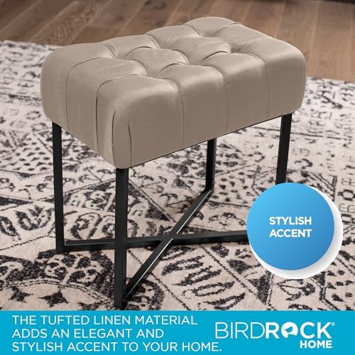 BIRDROCK HOME Rectangle Tufted Linen Ottoman Foot Rest - 19.7x11.82x17.73” Small Foot Stool with Legs - Padded Footrest Modern Ottomans for Living Room Furniture, Bedroom Footstool (Beige)