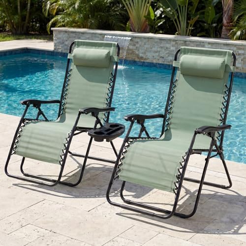 Best Choice Products Set of 2 Extra Wide Adjustable Steel Mesh Zero Gravity Lounge Chair Recliners w/Pillows and Cup Holder Trays - Sage Green