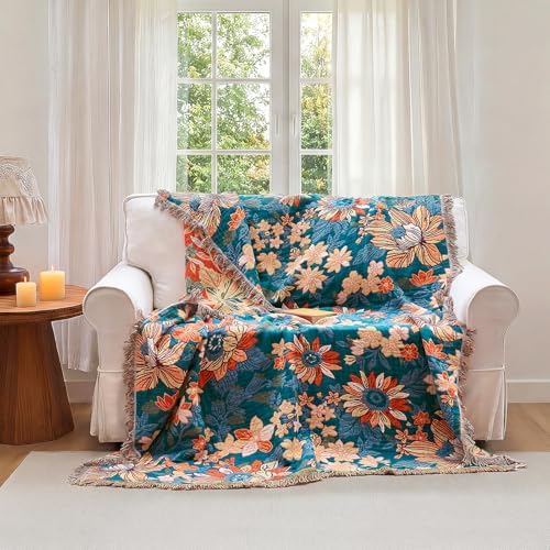 Boho Throw Blanket - 90"x90" Lightweight Cotton Throws for Bed Adult