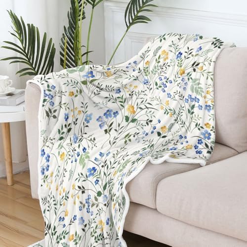 Spring Floral Throw - Blue & Yellow Watercolor Floral Blanket for Couch Sofa Camping, Farmhouse Cottagecore Flowers Bedding Decor, Soft Warm Flannel Throw for Women Girls, 60X70