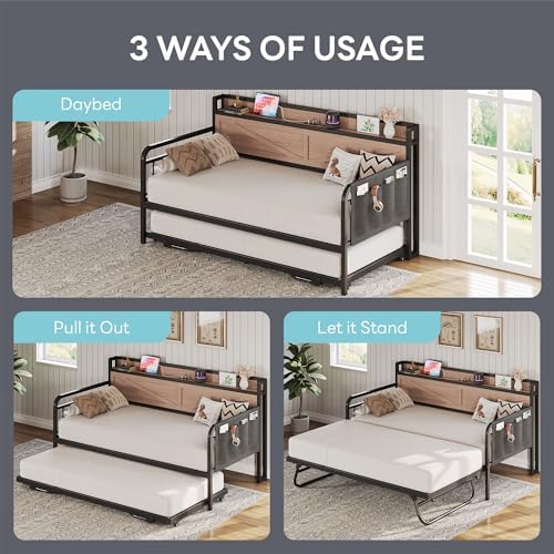 LIKIMIO Twin Daybed with Pop Up Trundle & Charging Station & Storage Shelf