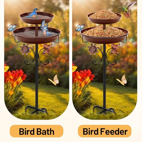 Daoeny Bird Bath for Outside, 42In Vintage Freestanding Birdbaths for Outdoors, Double Metal Bird Bath Feeder Bowls for Garden Patio Yard Lawn Decor, Upgraded 5-Pronged Base (Brown)