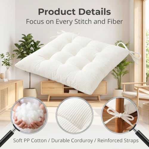 HLOVME Corduroy Chair Cushion with Ties Ultra Soft Warm Floor Cushion for Kids Reading Nook Comfortable Square Seat Cushion for Adult 15.7”x15.7”, White