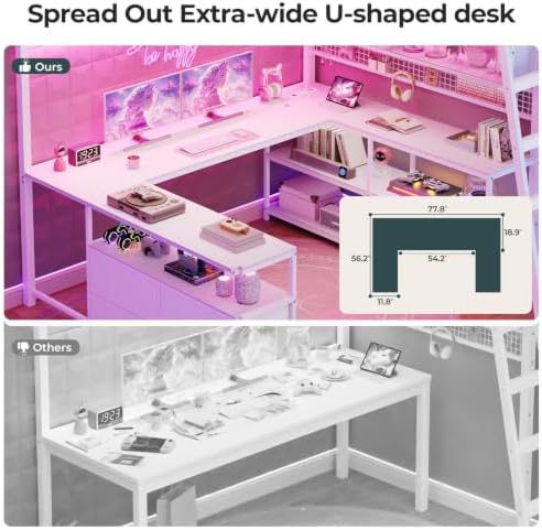 ADORNEVE Gaming Loft Bed Full Size with U-Shaped Desk & RGB Cabinet, White