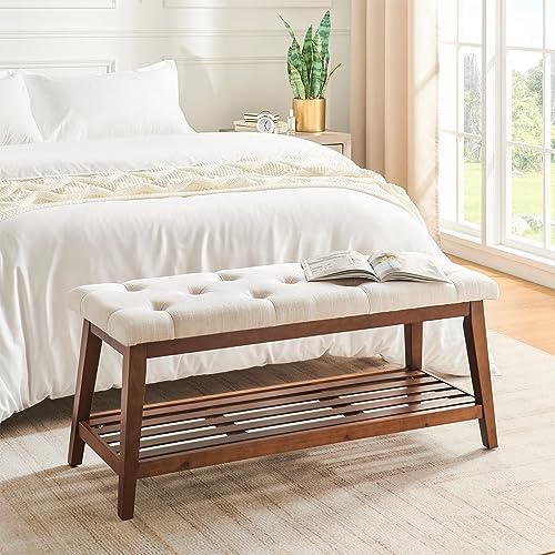 kinkinmars Entryway Bench with Shoe Rack, 42.5" Bedroom Bench, Beige